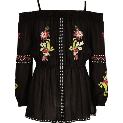 Girls black floral embroidered bardot top